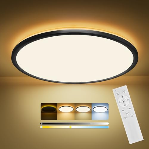 LuJasi LED Deckenleuchte 24W, 2800LM Deckenlampe mit Fernbedienung Dimmbar 3000k-6500k, Nachtlicht 1800k 6W, Timer & Memory, Lampe für Schlafzimmer Wohnzimmer Flure Küche Balkon Badezimmer Schwarz