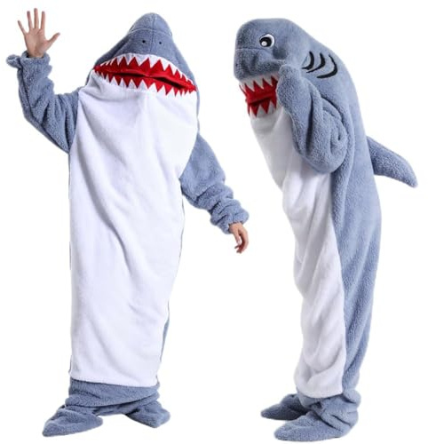 Hajfilt huvtröja med ärmar S–XXL, haj sovsäck filtar hoodie, haj flanell overall med huva, hajBlanket present för tecknad pyjamas fest för vuxna och barn, Gråblå, M (140-155cm)