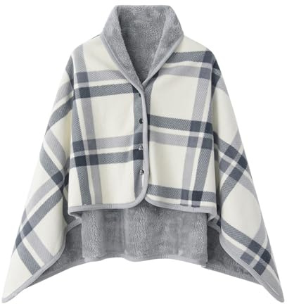 Damen-Poncho-Fleece-Decke zum Mitnehmen, Karierte Winter-Wärme-Cape mit Knöpfen, Überwurfschal, tragbare Decke
