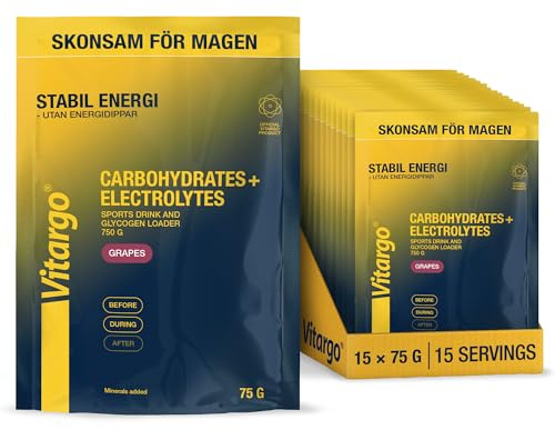 Vitargo Kolhydrater Pulver med Elektrolyter, 75g15 Isotonisk Sportdryck Pulver - Snabb Energi Före och Under Träning, Skonsam för Magen, för Uthållighetssport, Alternativ till Maltodextrin, Grapes
