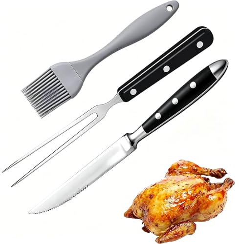 3 Stück Fleischgabel Edelstahl, Grillgabel Mit Schwarzem Holzgriff, Steakmesser Und Grillbürste, Fleischgabel mit Ergonomischem, 27cm Gesamtlänge 16cm Klingenlänge, für Grillen Und Steakzubereitung