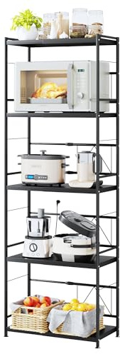 NETEL 5 Tier Expandable Microwave Shelf, Metal Microwave stand Countertop | Over Microwave Shelf Unit with 8 Hooks, Adjustable Height Microwave Rack, Kitchen Shelves, airfryer stand 25 kg max load/Tier