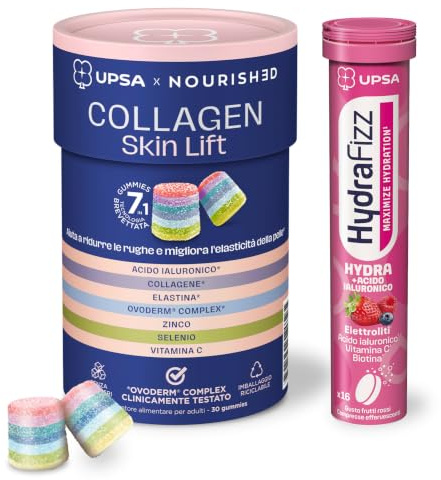 UPSA x Nourished Kit Idratazione e Bellezza, Hydrafizz Acido Ialuronico 16 Compresse Effervescenti + Collagen Skin Lift 30 Gummies, Integratore Alimentare con Acido Ialuronico, Collagene, Elettroliti