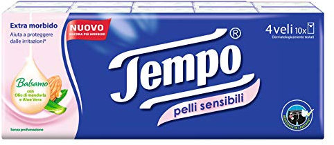 Tempo - Taschentücher, 4-lagig mit Aloe-Vera für empfindliche Haut - 10 Päckchen mit je 9 Taschentücher.