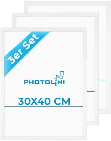 PHOTOLINI Bilderrahmen 30x40 Weiss Holz MDF 3er Set, Bilderrahmen 40x30 cm bruchsicherem Acrylglas, Rahmen 30x40 Weiß zum Aufhängen, Picture Frame mit extra Zubehör - Rahmen 40x30 für Fotos & Poster