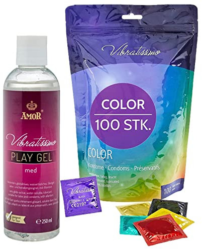 VIBRATISSIMO Condones Color paquete de 100 y lubricante 250 ml | sensitivos y extra húmedos | preservativos de colores | condones multicolor de rojo, negro, amarillo, verde, dorado