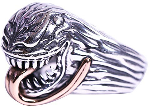 Punk 925 Sterling Silver Alien Venom Ring with Rose Gold Tongue for Men Open Adjustable