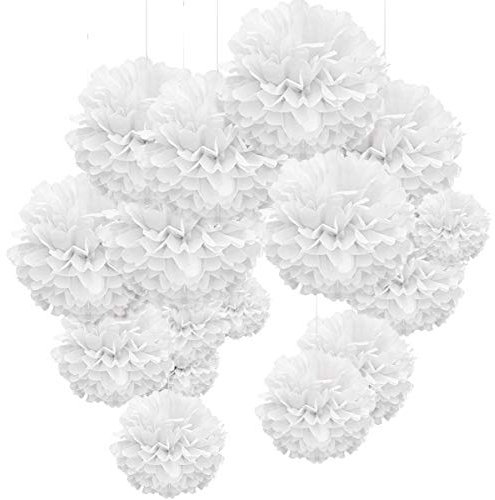 WEARXI Hochzeit Hochzeitsdeko Vintage Lampions, 24er Pompons Deko Weiß, Seidenpapier Pompoms, Party Deko, Taufe Konfirmation Deko, Kommunion Dekoration für Geburtstag, Valentinstag deko, Vintage deko