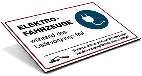 Parkplatzschild Elektrofahrzeuge Laden frei, Alu-Verbund 300x200 mm, Weiß | Elektro-Fahrzeuge während des Ladevorgangs frei – widerrechtlich parkende Fahrzeuge werden kostenpflichtig abgeschleppt