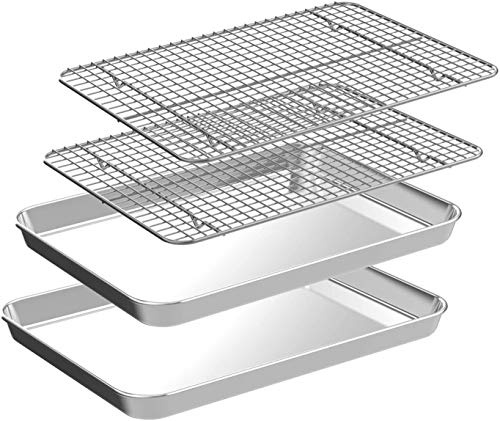 Half Sheet Pans with Rack Set [2 Pans + 2 Racks], CEKEE Stainless Half Size Large Baking Sheets with Rack -18 Inch Baking Tray Set- Rust & Warp Resistant & Heavy Duty Large Cookie Sheet