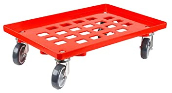 Transportroller für Euroboxen 60x40cm mit Gummiräder rot | Gitter/Rasterdeck | 2 Lenkrollen & 2 Bremsrollen | Traglast 300kg | Kistenroller Logistikroller Rollwagen Profi-Fahrgestell