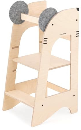 Mamatoyz 07KRAT Kule Topo Mehrzweck-Montessori-Lernturm - Lernturm aus natürlichem Birkensperrholz mit 3 einstellbaren Höhen, ohne scharfe Kanten, mit abgerundeten Kanten.