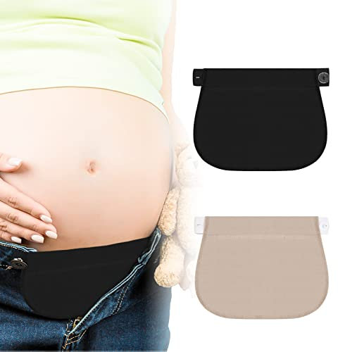 FESSOSKO 2 Stück Mutterschaft Hosen Extender, Elastischer Hosenknopf Extender, Schwanger Hosenerweiterung Einstellbare Taillen, Verstellbare Jeans-Gürtelverlängerung (Schwarz/Kamel)