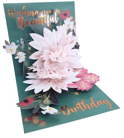 GFM® Premium Luxury “Wishing You A Beautiful Birthday” Stunning Dahlia Flowers 3D Pop Up Greeting Card, Handmade Laser Cut Keepsake with Envelope for women, Girls, boys-(SA)(CARD-1002-HB)