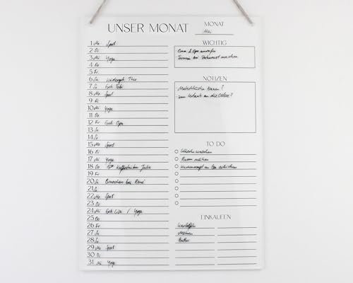 Monatsplaner A4 Acryl ohne Stift | Monatskalender | Wandplaner für den Monat abwischbar | Wandkalender undatiert | To Do Liste | Monatsplaner Acrylglas (A4 + Folienstift)