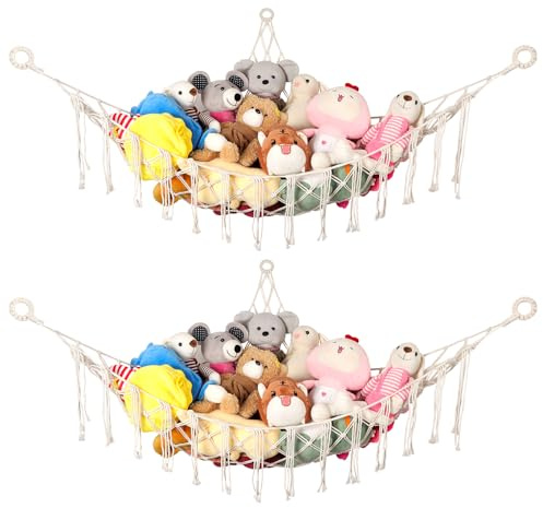 WUFANC 2er-Pack Kuscheltier Aufbewahrung Netz, Boho Makramee Stofftier Aufbewahrung Hängend Spielzeug Organizer für Kinderzimmer Deko - Netz für Kuscheltiere Einfach Organisieren und Aufbewahren
