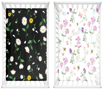 Hiseng 2 Stück Baby Spannbettlaken Bettlaken für Oval & Eckige Matratzen, Weiche Mikrofaser Spannbettlaken Kinderwagen Matratzenschoner für Beistellbett & Kinderwagen (80x160cm,Blume 8)