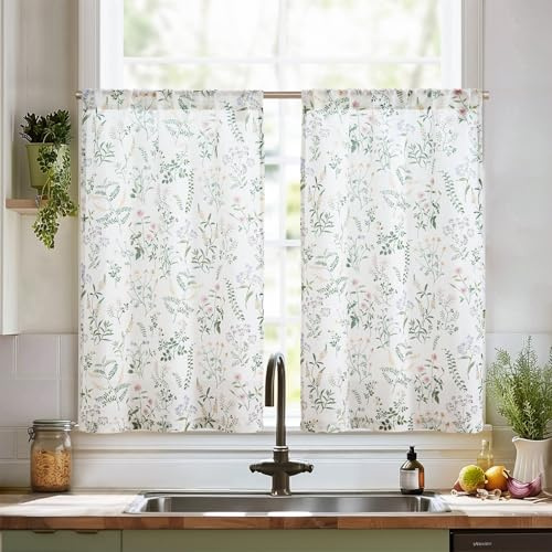TOPICK Sage Green Linen Blend Floral Kitchen Cafe Curtains W26 xL45, 2 PCS | 45 Inch Drop Light Filtering Botanic Short Curtain Tiers for Bathroom, Bedroom, Living Room, Cupboard Base