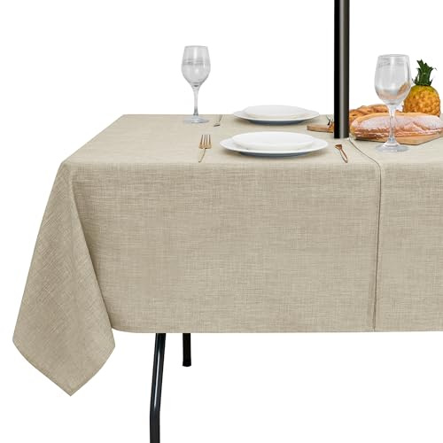 LUSHVIDA Outdoor Tablecloth with Umbrella Hole - Patio Table Cloth Zippered Rectangle 60x120 Inch, Linen-Look Polyester Table Cover Water Resistant for Picnic Outside, Natural Color