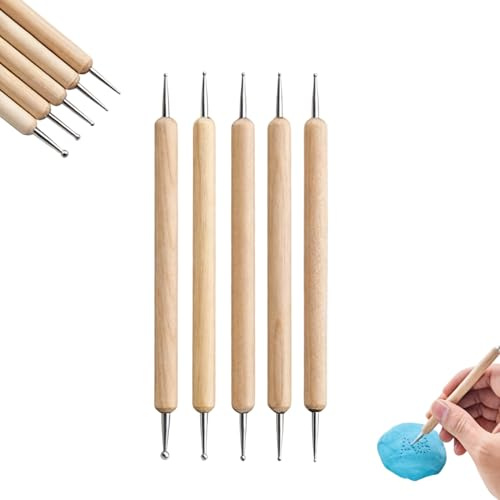 Set 5 Pennini Punteggiatura Doppia Punta, Acciaio Inox Manico Faggio 130mm | Sfere Di Dimensioni Varie, Impugnatura Ergonomica Per Dettagli Precisi Su Modellini