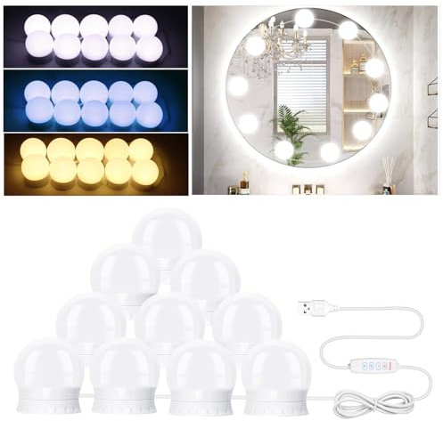 NVIYAM 10 LED Spiegelleuchte mit 3 Farbe, Dimmbar Hollywood Schminktisch Licht, Schminktisch Beleuchtung, Schminklicht für Spiegel, Schminktisch Lampe, Geeignet für Schminkspiegel