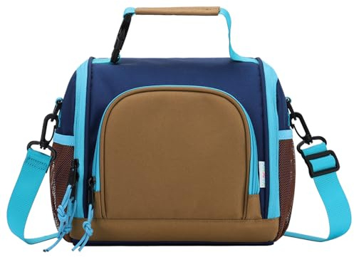 VASCHY Lunch Bag for Kids, Boys Cute Reusable Insulated Large Lunch Box Container for Daycare School Kindergarten Preschool Brown Navy