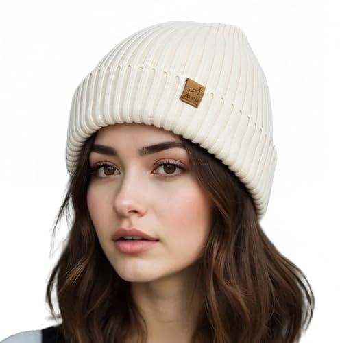 ACUSHLA - Berretto da cuffia impermeabile e antivento in pile spesso lavorato a maglia, cappello caldo invernale per uomo e donna, cappello da guardia per il freddo, Bianco crema., Taglia unica
