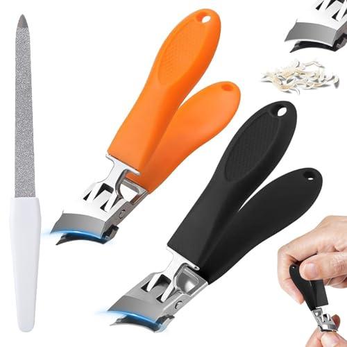 Poraceous 2 Pezzi Tagliaunghie Inclinato, Tagliaunghie Curvo, Wide Jaw Opening Anti-Splash Slanted Nail Clipper, per Mani e Piedi, Anziani, Uomini e Donne, Unghie Spesse (Nero + Arancione)