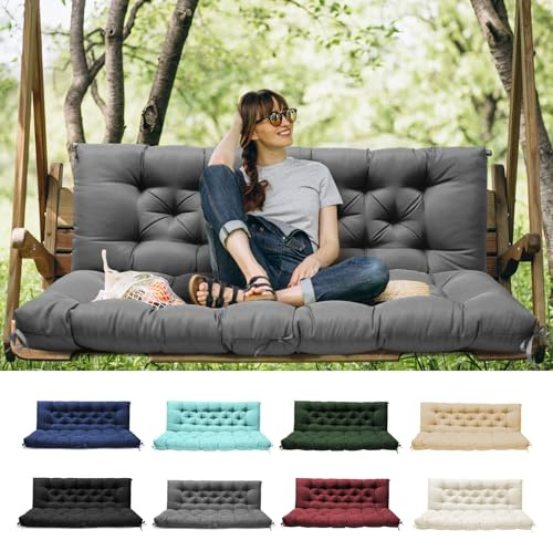 Tycdiose Porch Swing Cushions with Backrest, Replacement Swing Cushions Waterproof for Outdoor Patio Furniture, 2-3 Seater Outdoor Swing Bench Cushions Replacement with Ties (Grey, 60x40 Inches)