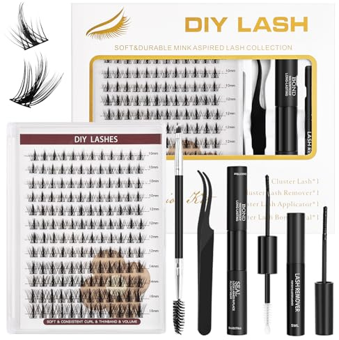TwoWin Wimpernsträhnen Set, 144 Stück Selbstklebende Wimpern, D Curl 10-16mm Individuelles Wimpern Kit, Lash Extensions mit Bindung & Siegel, Pinzette & Kleberentferner für Anfänger (DF12)