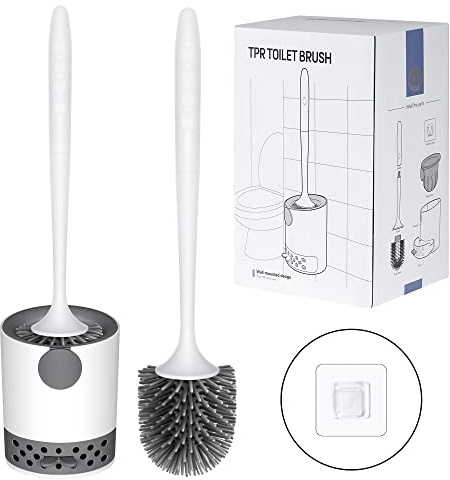Klobürste, WC Bürste Silikon, Toilettenbürste mit Klobürstenhalter und Auffangschale, Klobürste Wandmontage & Stehen Ohne Bohren, Schnelltrocknend, Grau
