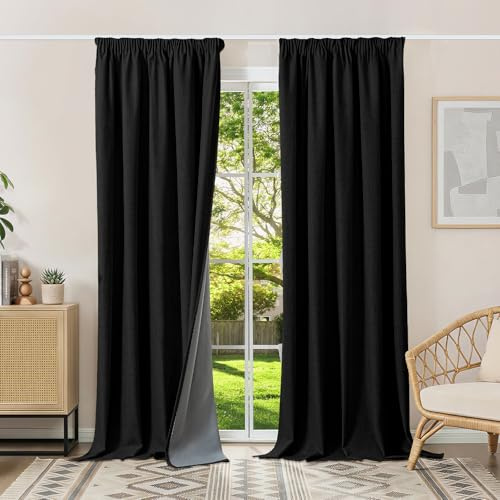 Runyéla 100% Verdunklungsvorhänge Thermovorhänge Kälteschutz Gardinen mit Kräuselband 245 x 140 cm (HxB) 2er Set Leinenoptik Vorhänge Blickdicht Schwarz, Schiebegardinen Wohnzimmer Curtain
