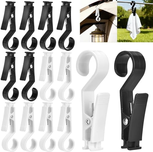 XHTXHT Wäscheklammern mit Haken, 12 Stück, Kunststoff Klammern | Klammerhaken für Campinglampe,Outdoor Klemmhaken,Für Camping Kleidung Handtücher,Stiefelklammern