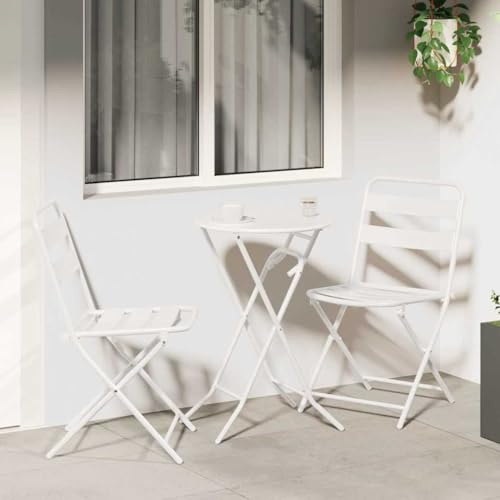 QJBSAVVA Klappbares Bistro-Set 3-teilig aus weißem Stahl 50x50x72 cm platzsparend Balkonmöbel Gartenmöbel für kleine Balkone Terrassenmöbel Modernes Design Robust und Langlebig