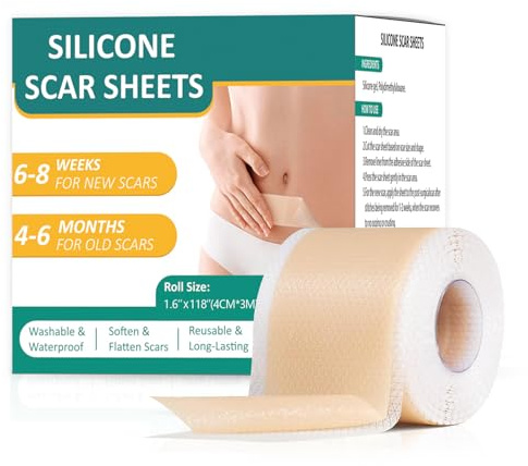4x300cm Silicone Scar Tape, Wiederverwendbares Narbenentfernungsband, Silikonpflaster für Haut, Erweichen und Abflachen von Narben Silikons-Band, Wasserdicht, Atmungsaktiv