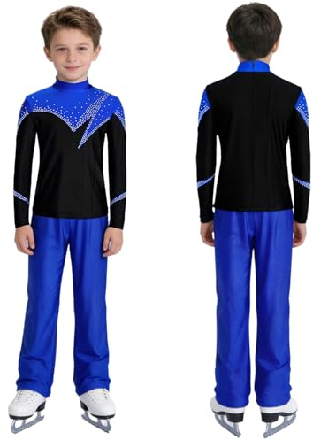 Yiesvsov Figure Ice Skating Suit for Boys Lyrical Dance Outfits Stage Show Costume Ballet Top with Pants Gymnastics Royal Blue 8 Years