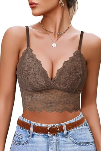 Avidlove Top Senza Maniche Donna, Sexy, Biancheria Intima, Crop Top, Con Scollo a V, Spalline Sottili, Scollo Profondo, Bretelle Basse in Pizzo, marrone, L