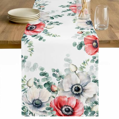 Eucalyptus Leaves Opium Poppy Table Runners 120 Inches Long Spring Flower Plants Table Runner for Family Dinner/Wedding/Outdoor Indoor Party, Cotton-Polyester Blend Dresser Scarf Table Decorations