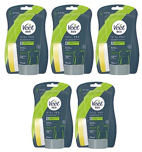 Veet for Men Dusch-Haarentfernungscreme Power Effect – Schnelle & effektive Haarentfernung für Männer in nur 3-6 Minuten – 5 x 150 ml Tube mit Schwamm