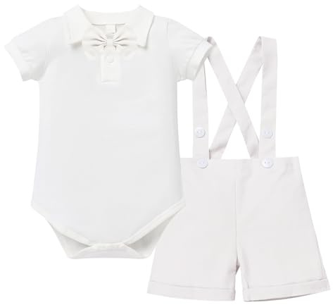 IBTOM CASTLE Baby Boy Outfits Set, 3pcs Short Sleeves Gentleman Jumpsuit Romper Shirt Pants Bowtie Christening Outfit 1st Birthday Cake Smash Tuxedo Baptism Clothing Photo Props Ivory 6-12 Months