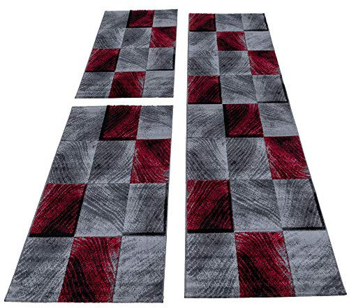 SIMPEX Bettvorleger Schlafzimmer Teppich Bettumrandung 3 Teiliger Set Läufer Flur Küchenteppich Bettläufer Modernes Design Kurzflor Soft & Extra Weich Farbe: Rot