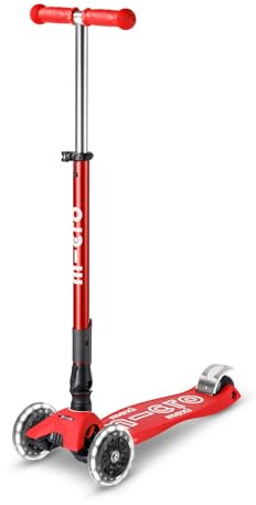 Micro Scooter | Maxi Micro Deluxe Foldable LED Kids Scooter | 5 to 12 Years | Boys & Girls | Lean-To-Steer Design | Handlebar Adjustable | Light Up LED Wheels | 50kg Weight Limit | Red
