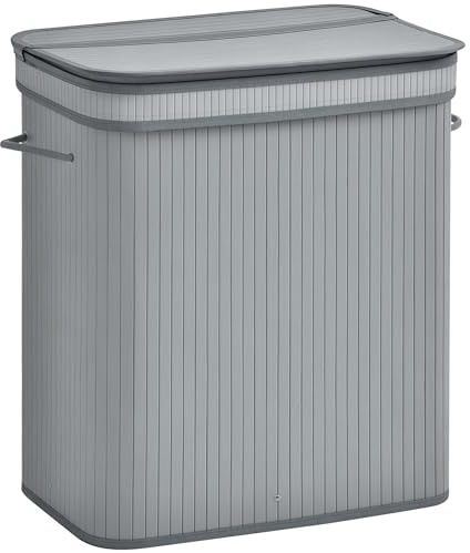 HOMCOM 100L Natural Wood Laundry Basket A Compartment w/Flip Lid Removable Lining Handles Board Base Foldable Durable Water-Resistant Dirty Clothes Storage Home Organisation Grey