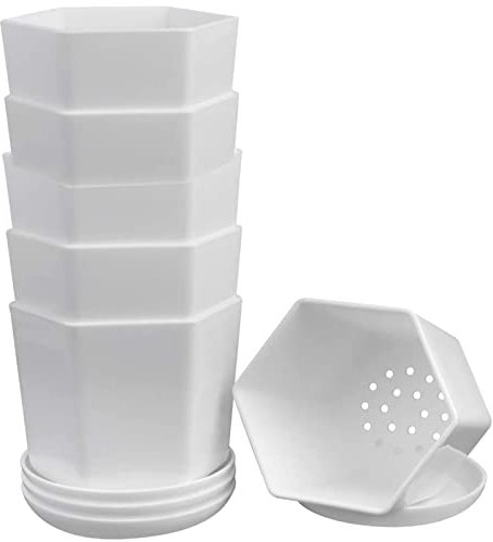 WAIZHIUA 6Pcs 9cm Plastic Flower Pots, Small Hexagon Resin Flower Planter Garden Flower Plant Container with Tray for Succulent Cactus Herb Home Office Balcony Decor