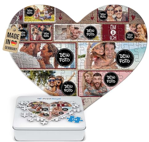 Foto-Puzzle selbst gestalten - Du & Ich - mit 10 Fotos Bedrucken - Herz-Puzzle Personalisieren - Geschenk zu Valentinstag, Jahrestag - 114 Teile inkl. Metalldose