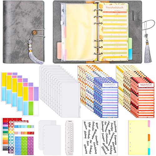 A6 Budget Planner Deutsch mit PU Leder Budget Binder Budgetaufkleber Teiler Linea Taschen Etikettenaufkleber für Finanzplaner, Buget, Haushaltsbuch, Geld Sparen Mappe, Cash Stuffing