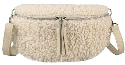 OBC Made in Italy Damen Teddyfell Tasche Plüsch Bauchtasche Hüfttasche Schultertasche Bodybag Umhängetasche Crossbody Teddyplüsch Handytasche Crossbag Gürteltasche Wintertasche Lammfell-Optik Beige