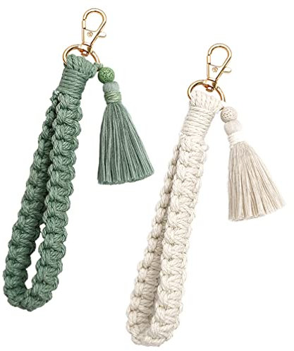 CHUQING 2 Stücke Schlüsselanhänger für Frauen Mädchen, Makramee, handgefertigtes Armband, Quaste, Hellgrün, Schlüsselanhänger, Lanyards für Schlüssel, Autoschlüssel