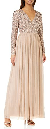 Maya Deluxe Damen Ladies Maxi Dress for Women with Long Sleeves V Neckline Plunging Sequin Embellished for Wedding Guest Bridesmaid Prom Kleid