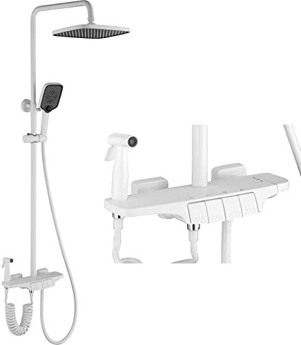 SWHC Regendusche Duschsystem, Duscharmatur mit Thermostat, Höhenverstellbare Duschstange 4 Funktionen Duschsystem mit Duschkopf, Handbrause, Bidet Handbrause, Armatur Badewanne, Messing Weiss